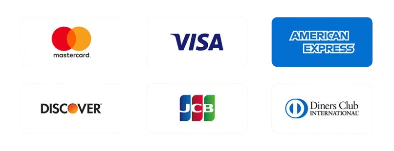 Betalningsmetoder: Mastercard, Visa, American Express, Discover, JCB och Diners Club